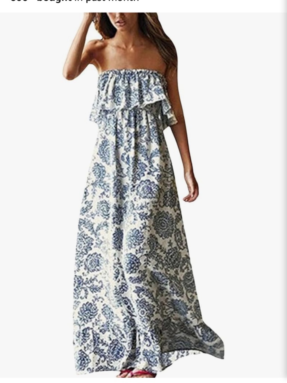 Amazon strapless white and blue print maxi